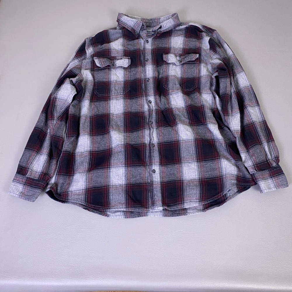 Faded Glory Flannel Shirt‎ Men's Size 2XL Burgundy Black Plaid Long Sleeve